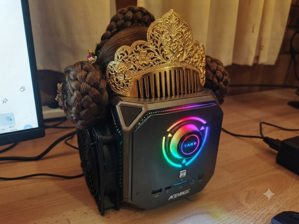 ACEMAGIC caracterizado con moños de fallera y peineta dorada.